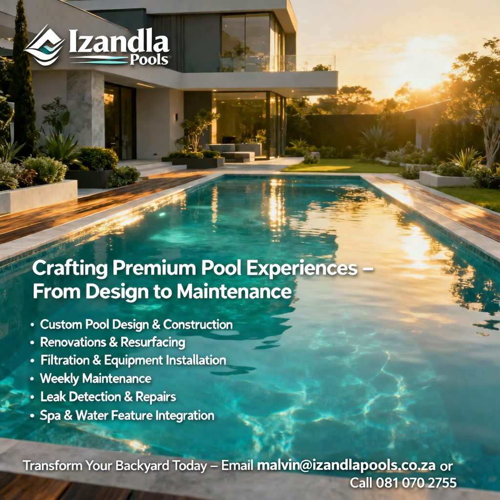 Izandla Pools – Professional swimming pool services including cleaning, maintenance, repairs, pump & filter servicing, leak detection, and water balancing. Reliable, neat, and affordable service you can trust.